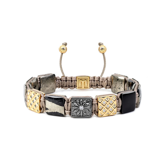 ГРИВНА MAHIGAN С ПЛОСКИ МЪНИСТА С ПИРИТ В ЧЕРЕН РОДИЙ И ЗЛАТО