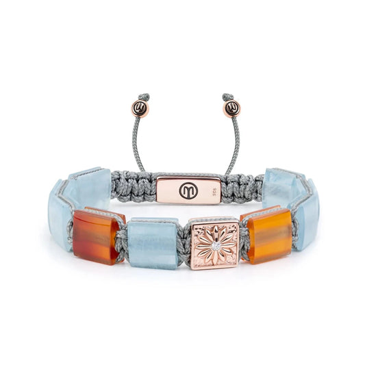 ГРИВНА MAHIGAN С ПЛОСКИ МЪНИСТА ОТ РОЗОВО ЗЛАТО С АКВАМАРИН И КАРНЕОЛ