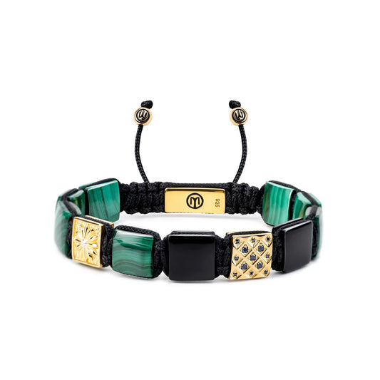 ГРИВНА MAHIGAN С ПЛОСКИ МЪНИСТА С МАЛАХИТ И ЧЕРЕН ОНИКС В ЗЛАТО