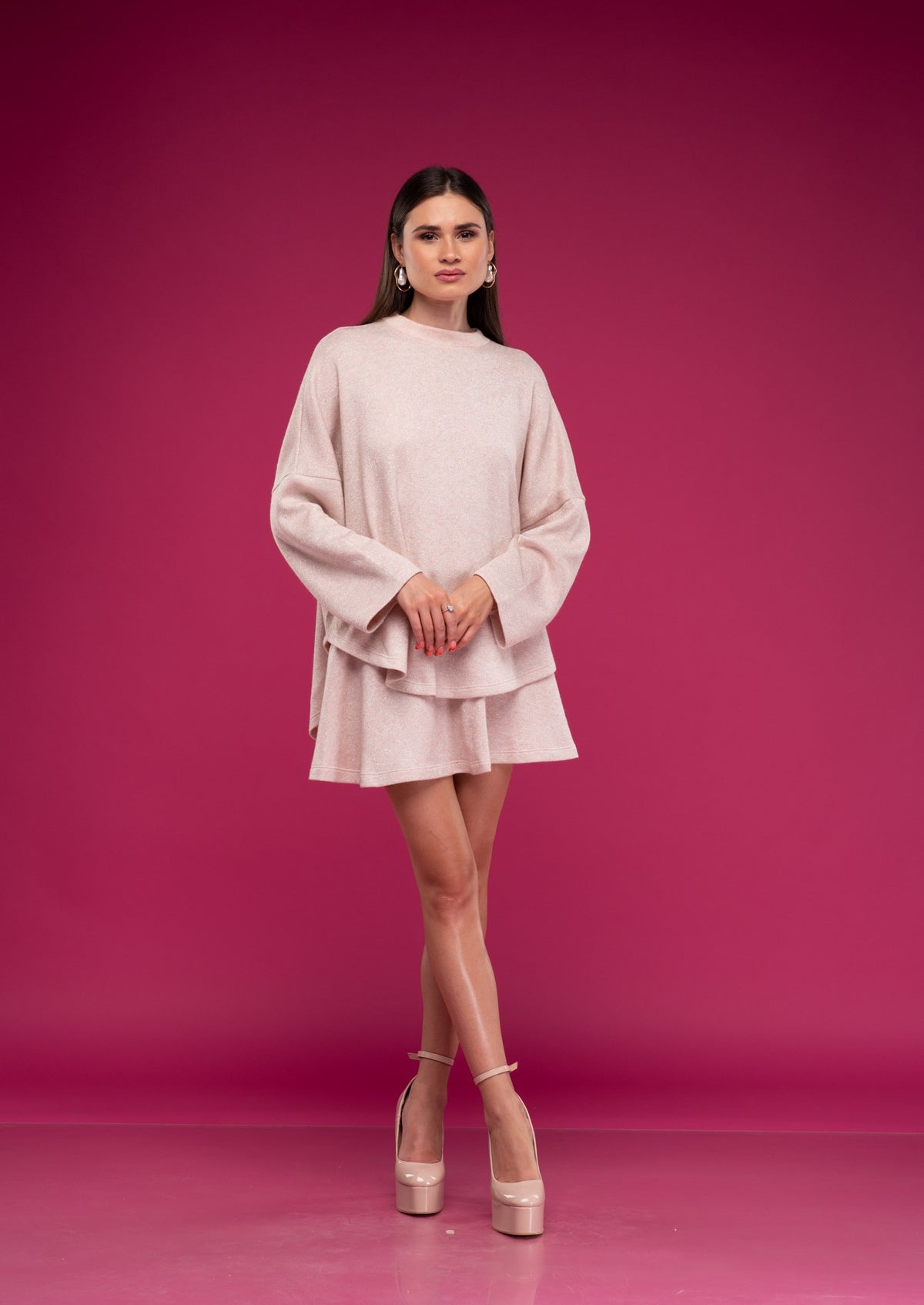 Къса розова плетена пола STELA ROSA с лурекс, снимка 2