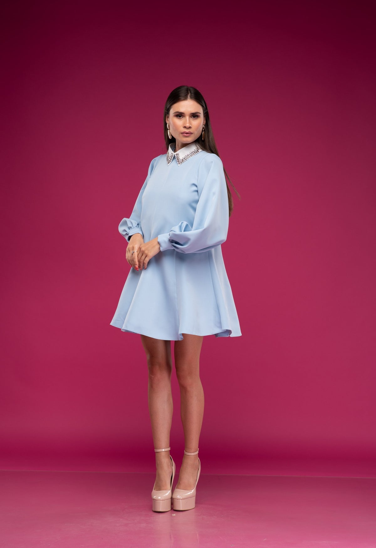 Светлосиня рокля с подвижна яка с камъни KALIA BLUE, снимка 2