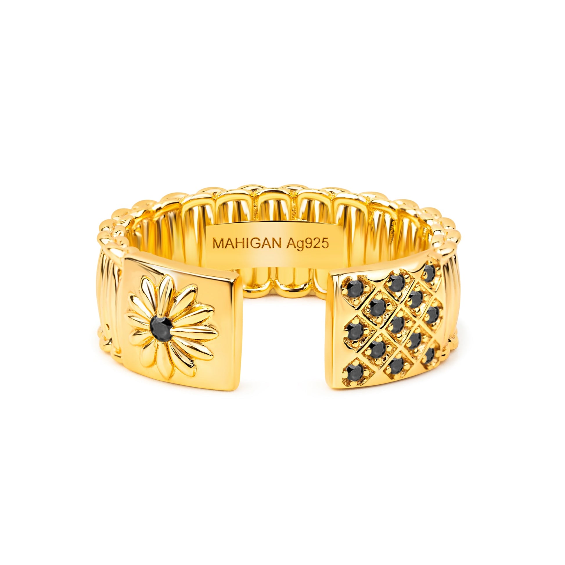 Cuff Ring In Gold - Black Moissanites - златист пръстен от сребро 925 | MAHIGAN