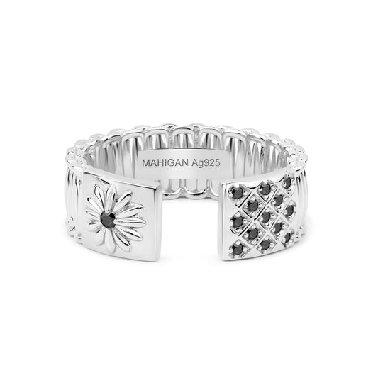 Cuff Ring In Silver - Black Moissanites - пръстен от сребро 925 | MAHIGAN