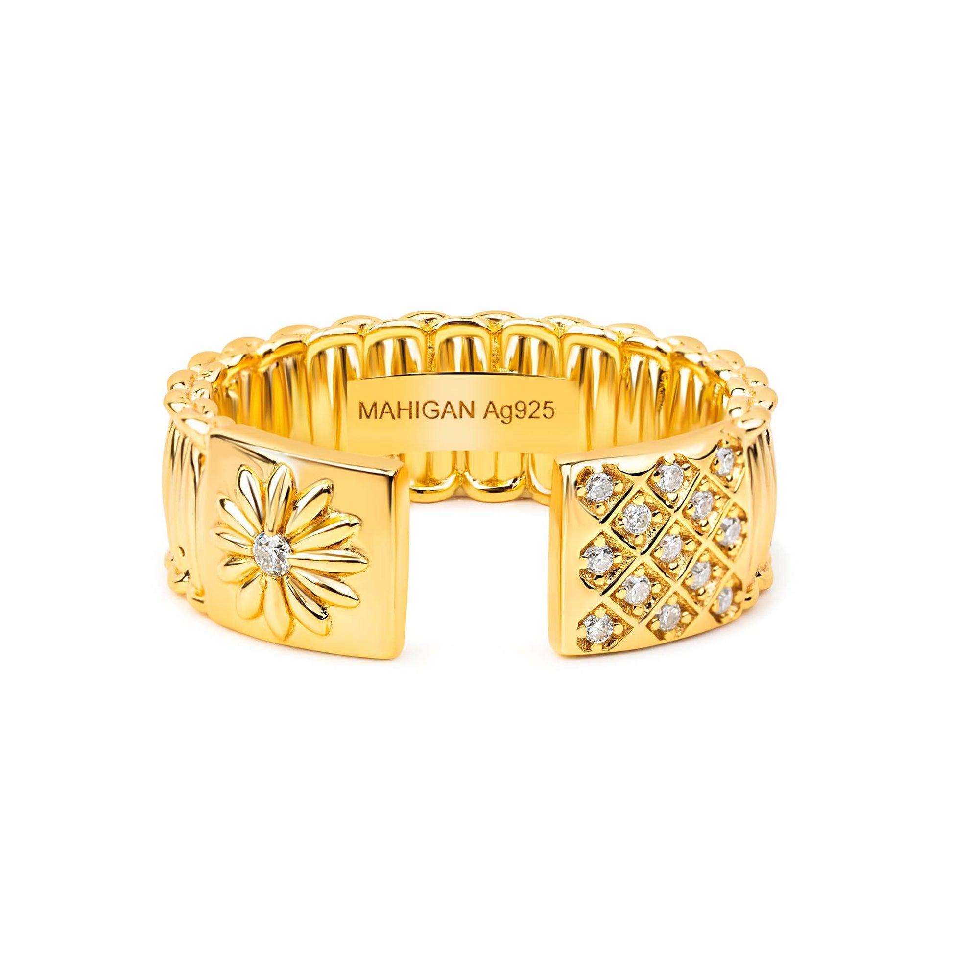 Cuff Ring In Gold - White Moissanites - златист пръстен от сребро 925 | MAHIGAN