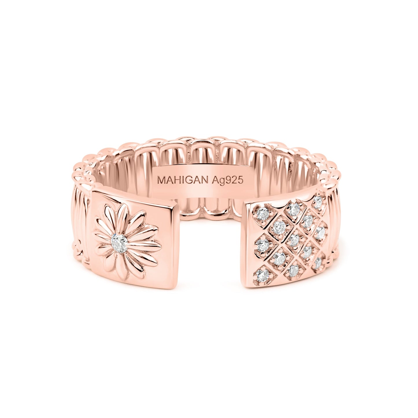 Cuff Ring In Rose Gold - White Moissanites - пръстен розово злато | MAHIGAN
