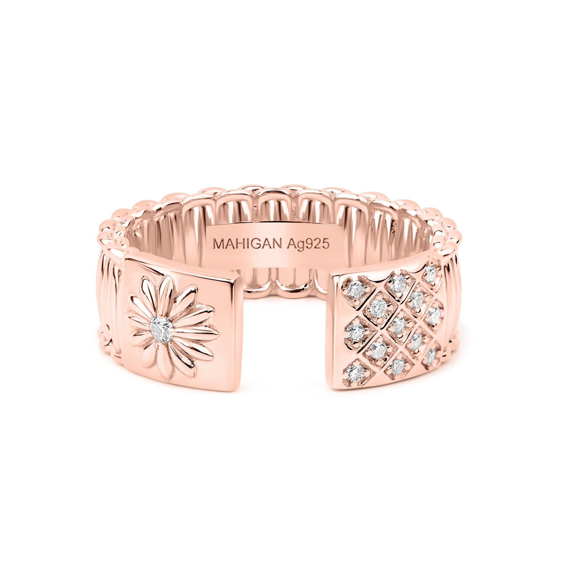 Cuff Ring In Rose Gold - White Moissanites - пръстен розово злато | MAHIGAN