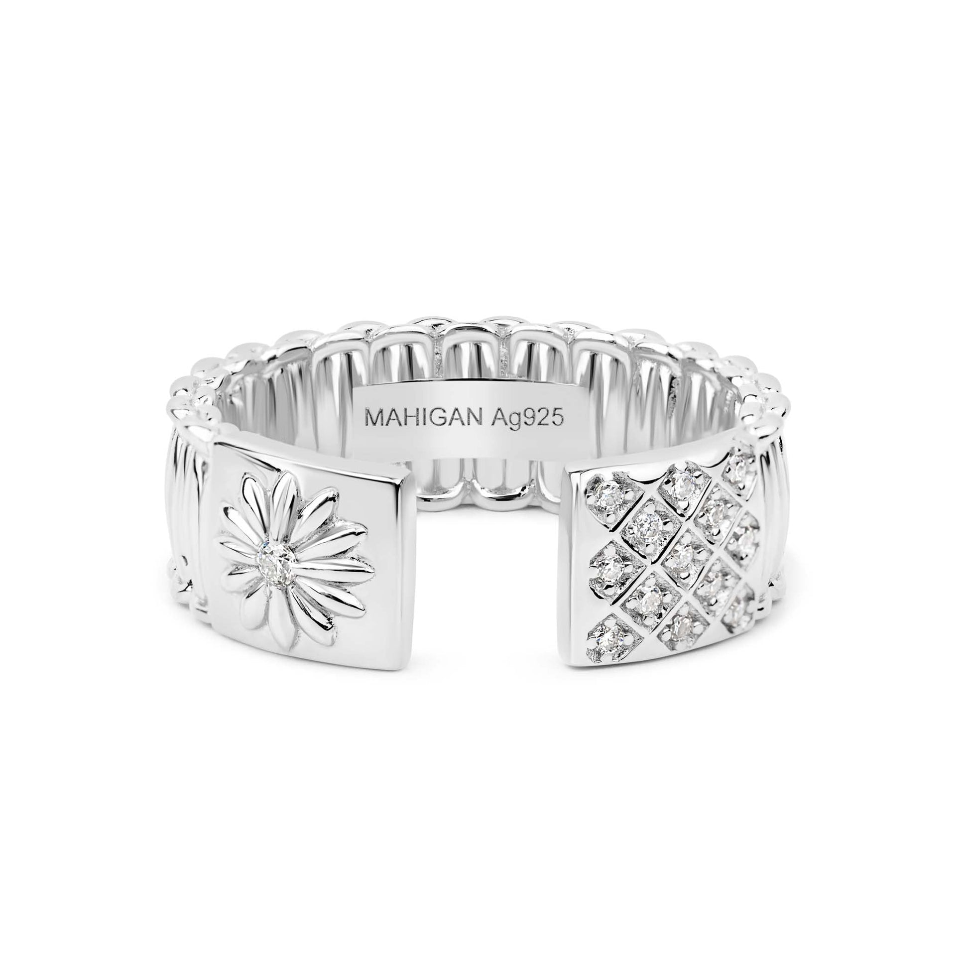Cuff Ring In Silver - White Moissanites - пръстен от сребро 925 | MAHIGAN