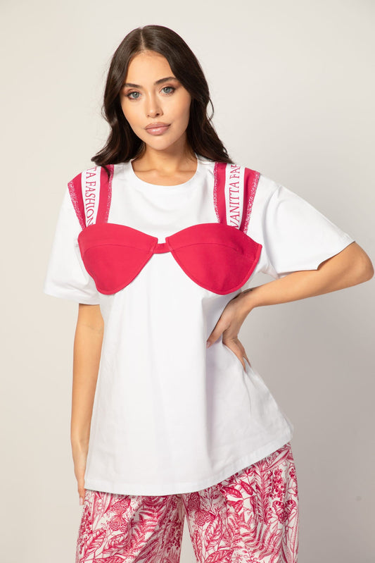 Дамска oversize тениска с авторски акцент в бяло и малиново червено VANITTA